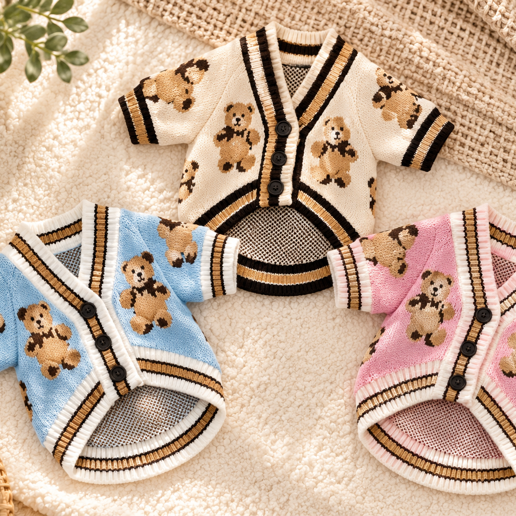 Three knitted pet cardigans laid flat on a soft cream fabric background: one cream with black and tan trim, one light blue with black and tan trim, and one pink with black and tan trim. Each cardigan has teddy bear motifs and striped trim.